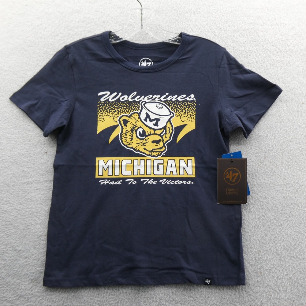 47 Brand Shirt Kids Large Michigan Wolverines Navy Blue Cotton Mascot Logo